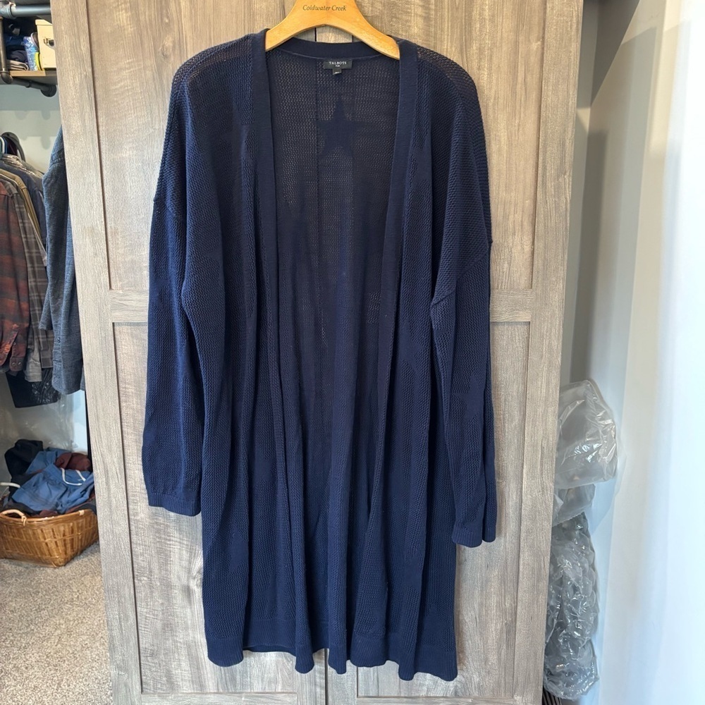 Talbots 2X Cardigan Long Open Front navy star pattern cotton open Knit